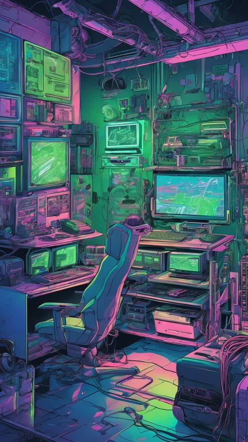 A vibrant blue and green illustration of a virtual reality gaming setup.