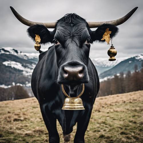 Une vache noire joyeuse avec une cloche autour du cou, debout avec un paysage hivernal suisse en arrière-plan.
