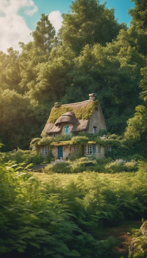 A sunlit cottage in the middle of a lush, green forest under a bright blue sky.