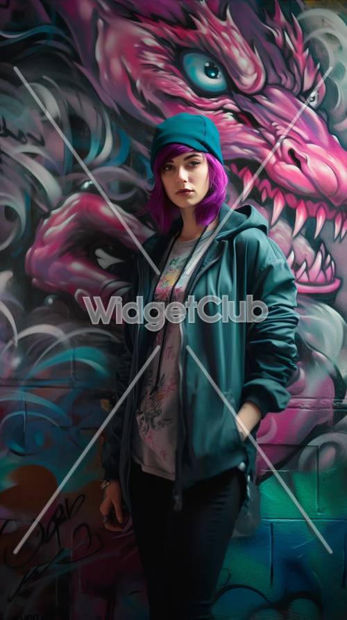 Arte de rua colorida com garota estilosa com capuz
