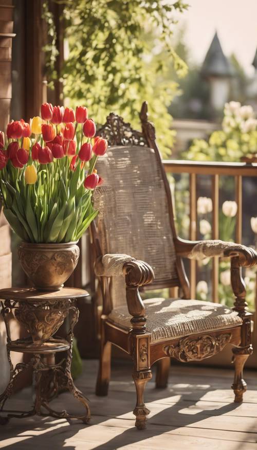 Antike Möbel auf einer sonnenbeschienenen Veranda mit Blick auf einen mit Tulpen blühenden Garten.