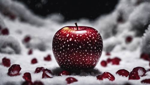 Uma maçã branca como a neve com manchas vermelho rubi, fotografada em alto contraste contra um fundo preto profundo.