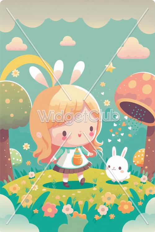 かわいいアニメーションの女の子とウサギが登場する魔法の森の壁紙