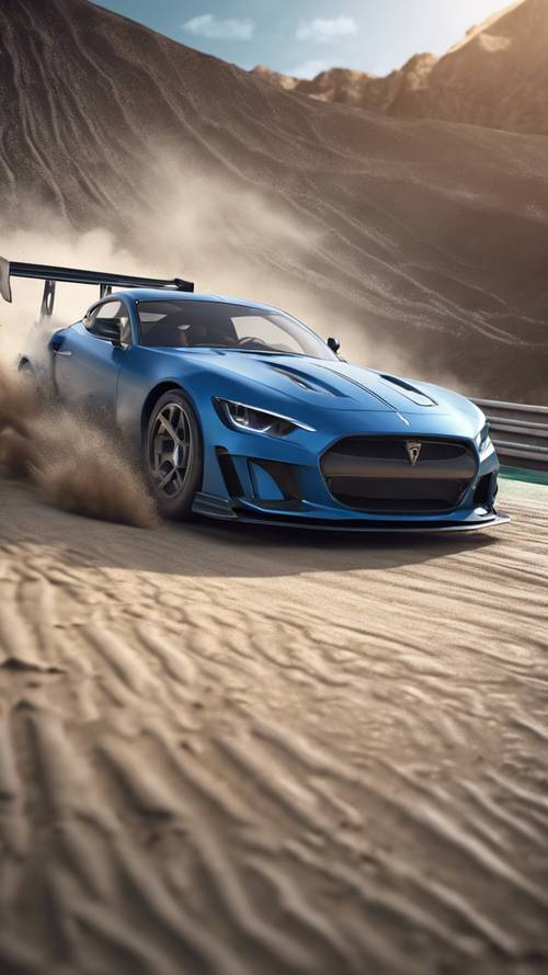 A blue sports car racing on a track leaving a trail of dust behind.