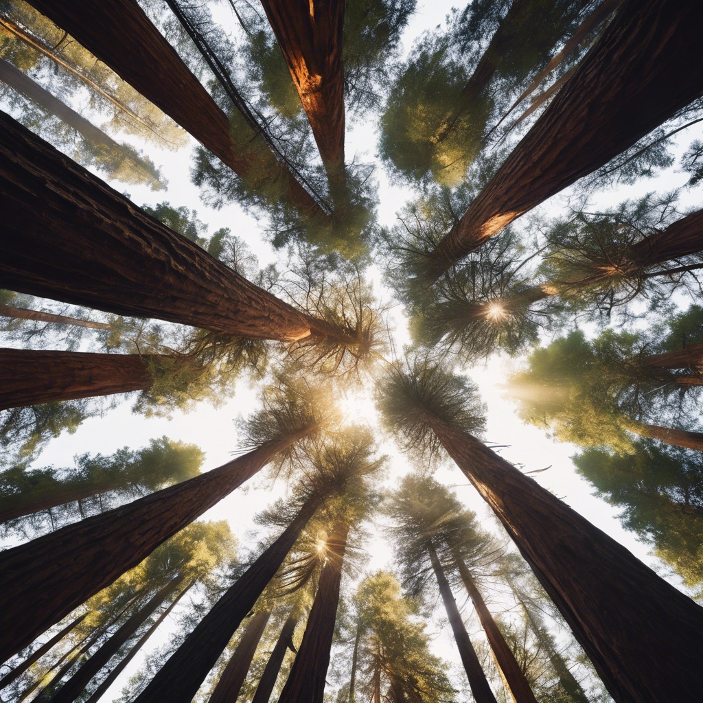 A grove of majestic redwood trees towering overhead, sunlight streaming through their branches Divar kağızı[d65d6c48c6ff4597b23a]