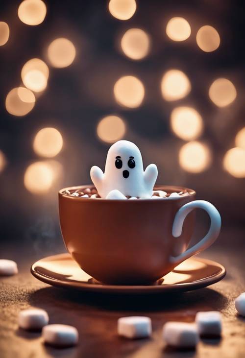 Adorables malvaviscos en forma de mini fantasmas flotando en una taza humeante de chocolate caliente, una vista reconfortante en el contexto de una fría noche de Halloween.