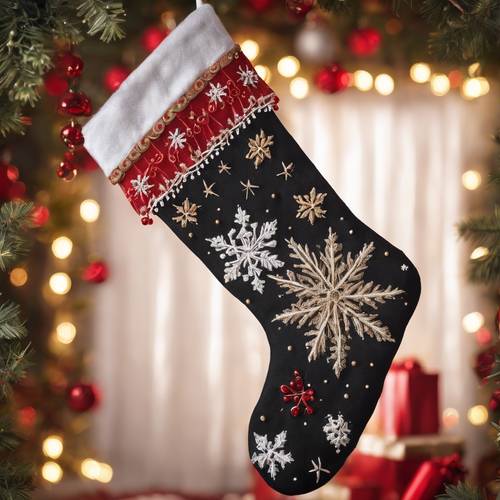 A beautifully hand-embroidered Christmas stocking displaying intricate snowflakes and holly motifs, hung up in anticipation of Santa's arrival.