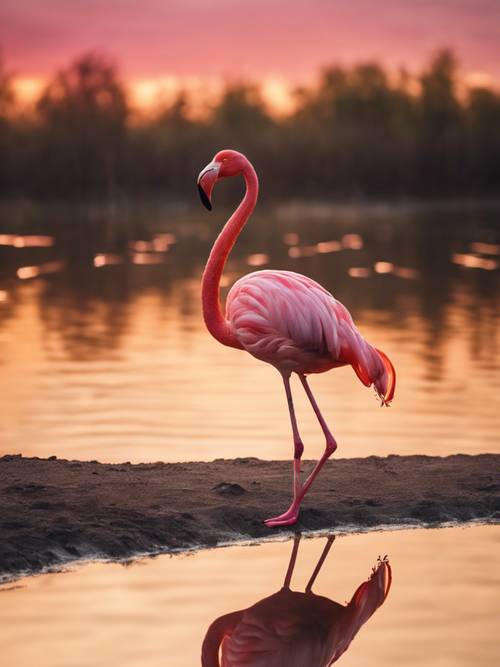 Seekor flamingo merah muda berdiri di kolam emas memantulkan matahari terbenam.