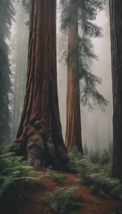 Hutan lebat dan gelap dengan pepohonan sequoia yang menjulang tinggi, terselubung kabut berkabut yang muncul dari lantai hutan yang lembap.