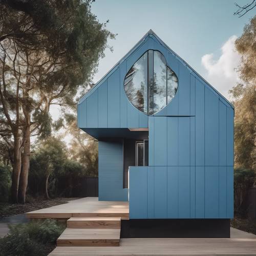 لمحة عن منزل أزرق بسيط بخطوط نظيفة وأسطح مستوية.