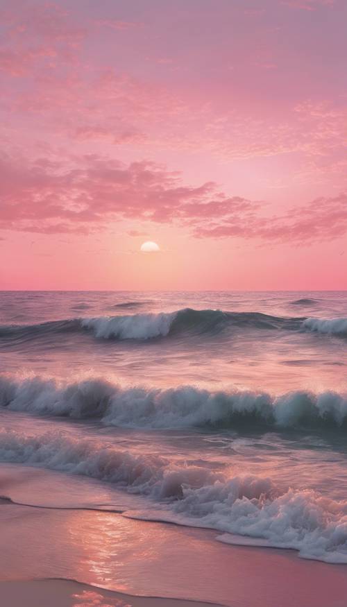 Matahari terbenam berwarna merah muda pastel melukiskan laut yang tenang.