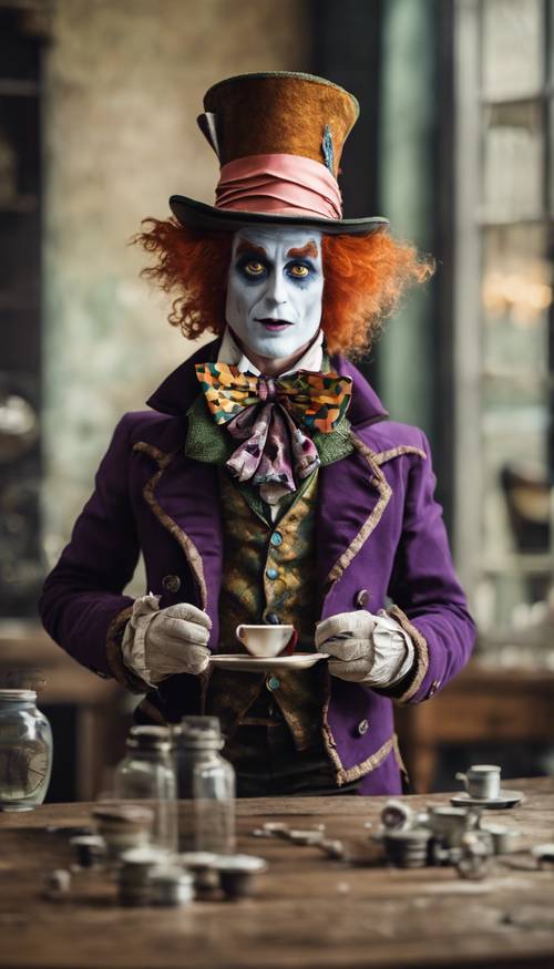 The Mad Hatter standing on a table, pronouncing that he has no hats for 'that' size. Wallpaper [0552d06e85a7474d9354]