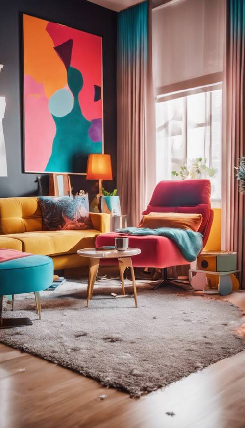 A modern interior room with bright, funky colors, decorated with abstract art pieces.