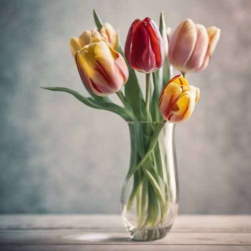 Três tulipas de cores diferentes dispostas em um vaso de vidro fino contra um fundo de foco suave.