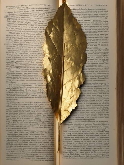 A beautifully designed gold leaf bookmark poked into an old hardcover book.