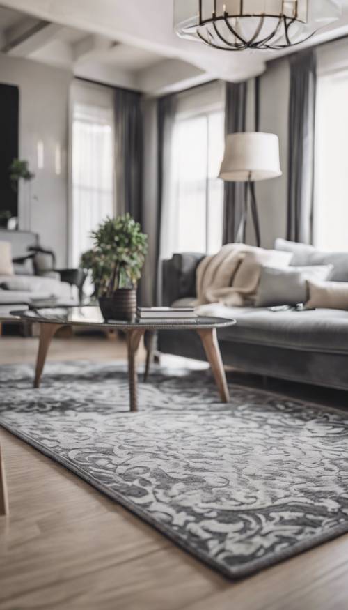 Ein wunderschöner grauer Damastteppich in einem minimalistischen Wohnzimmer.