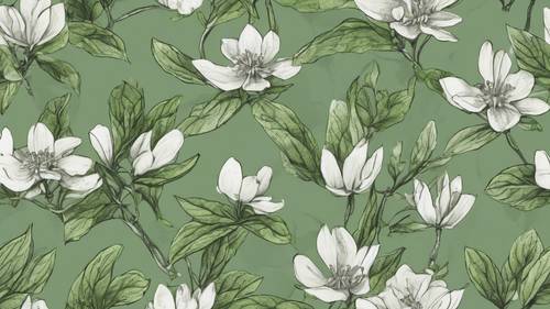 Botanical hand-sketch of green tea leaves with small white flowers showcasing a vintage look.