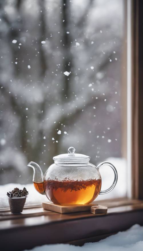 In einer Glaskanne zieht ein Tee, durch das Fenster ist ein schneebedeckter Garten zu sehen.