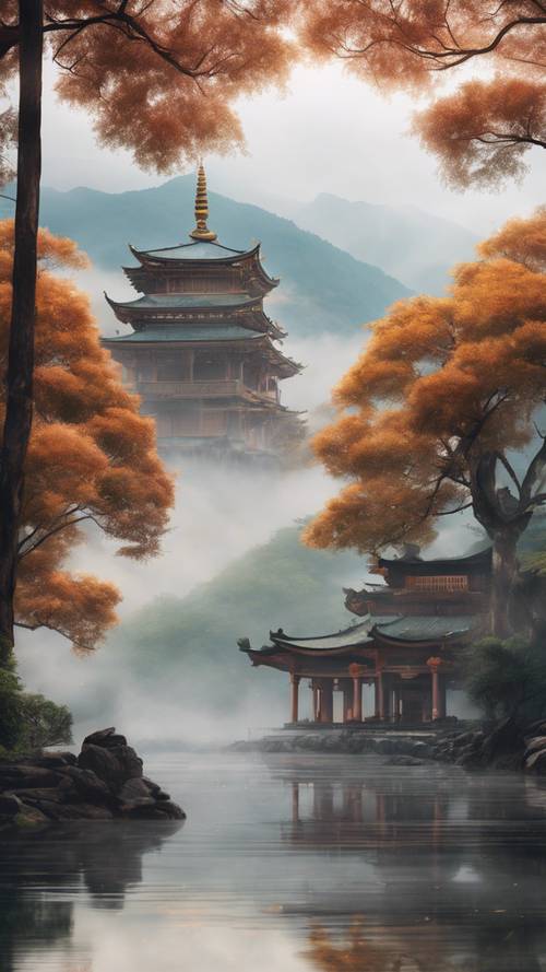 A serene painting of a Buddhist temple nestled in the mountains on a foggy morning.