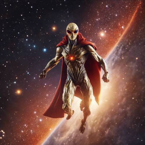 An alien superhero with burning eyes and a cape made of stars, soaring across galaxies, on a mission to protect weaker planets. Tapet [f6a6ba94af844ee3986c]