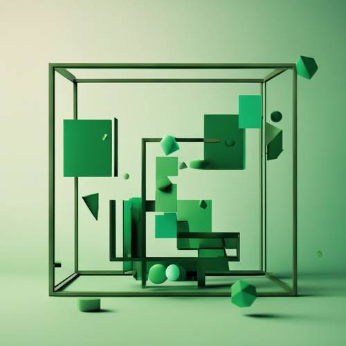 Desain abstrak dengan bentuk geometris mengambang dalam berbagai nuansa hijau, mewujudkan estetika minimalis.