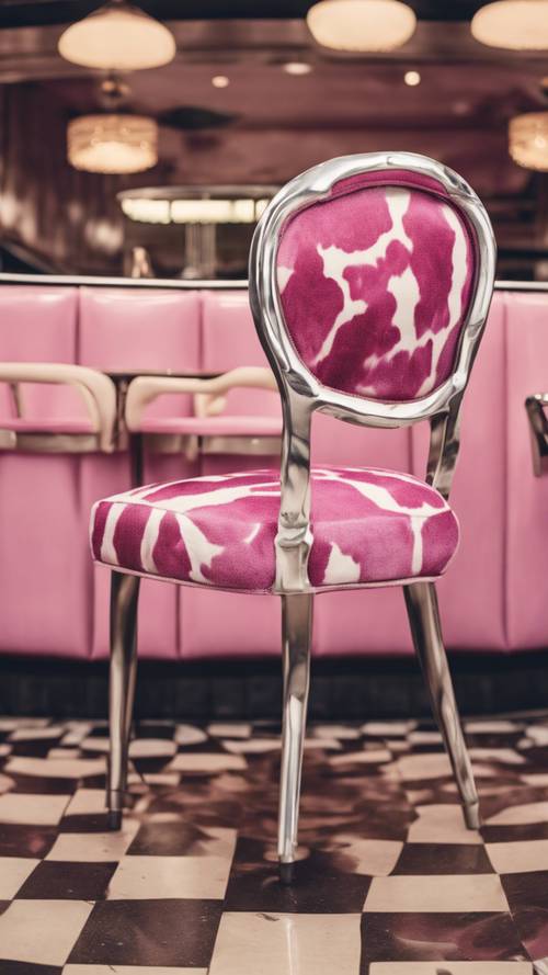 Một chiếc ghế ăn cổ điển được bọc bằng hình con bò màu hồng.