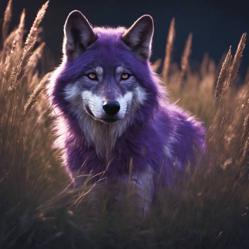 Serigala ungu yang licik dan menyeringai mengintai mangsanya di rerumputan tinggi di bawah sinar bulan.