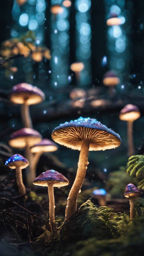 Sekelompok jamur bercahaya yang menerangi hutan gelap dengan cahaya magisnya; pemandangannya ajaib, seperti dongeng.