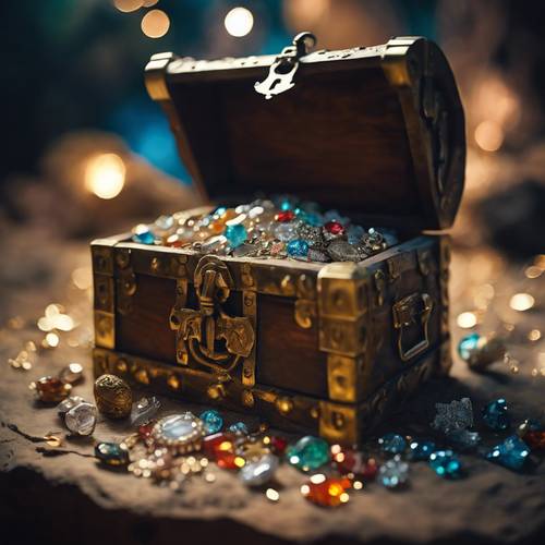 A ancient treasure chest, heaped with dazzling jewels of all sorts, found in a secretive pirate's cavern. Tapeta [2eeb6c79a2674f8ba489]