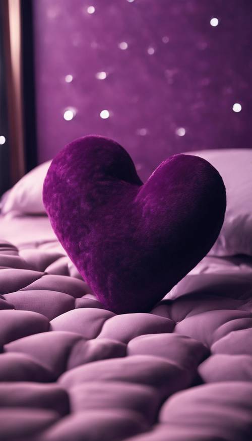 Un cuscino tridimensionale, viola scuro, a forma di cuore, morbido e confortevole.