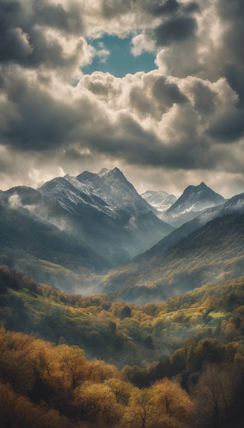 Una pintura barroca de un paisaje montañoso bajo un cielo nublado.