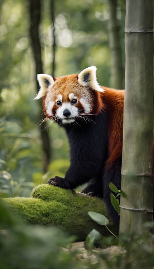 A lone red panda munching on bamboo shoots in the forest. Tapeta [61cfae05f19b40758cac]