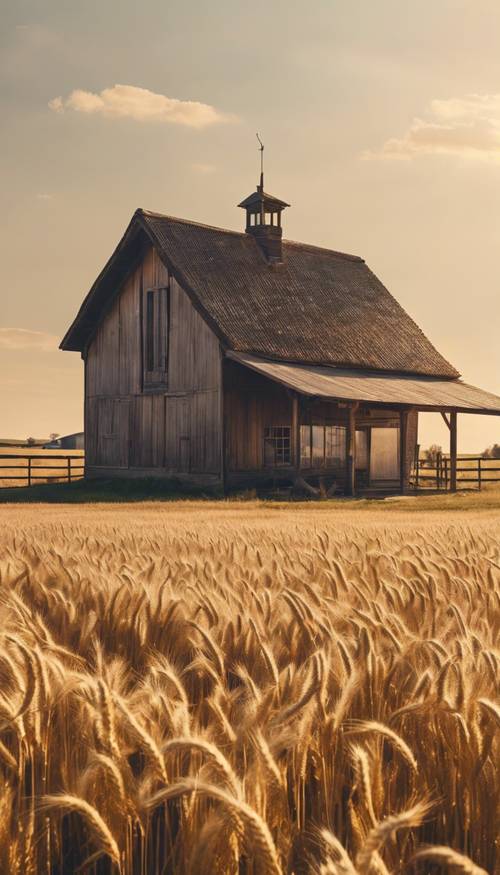 مشهد ريفي هادئ يضم مزرعة وحقول القمح الذهبي وسماء مشمسة صافية.