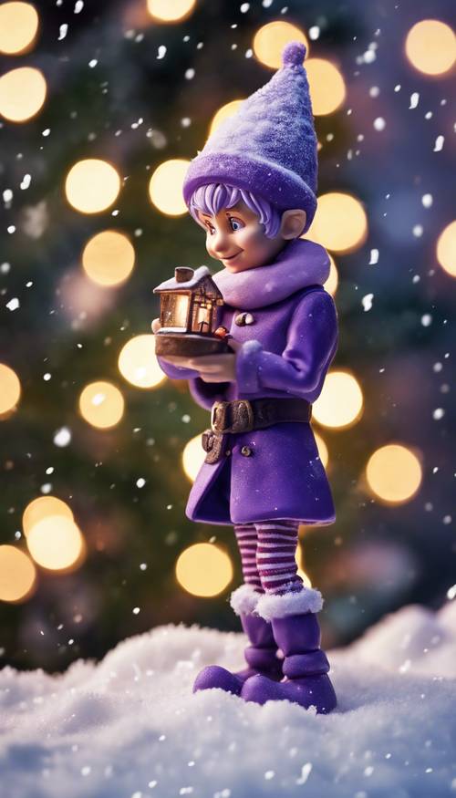 Une figurine d&#39;elfe violet ludique au milieu d&#39;un décor enneigé sur le thème de Noël.