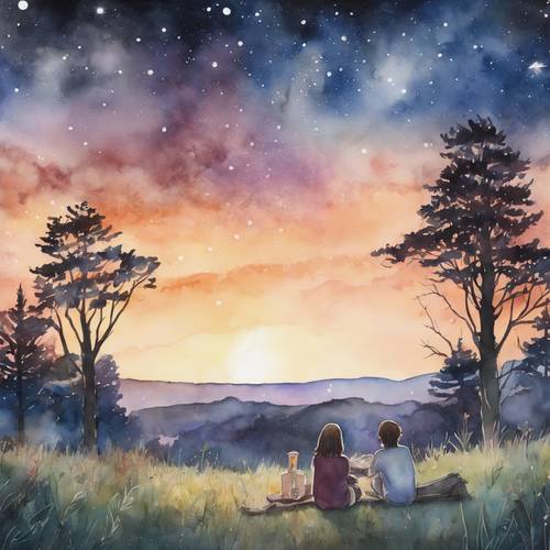 Une aquarelle représentant une paisible séance d’observation des étoiles au crépuscule