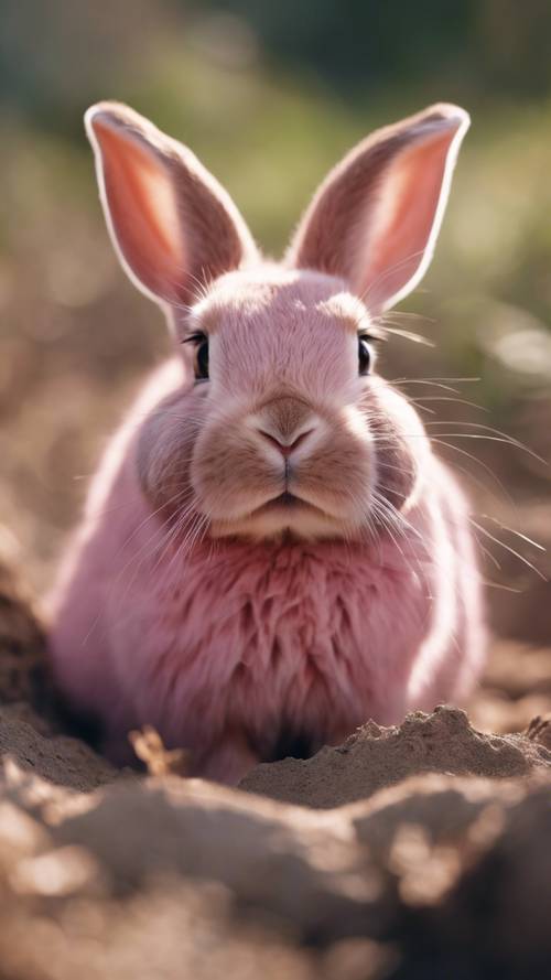 호기심 많은 분홍색 토끼가 굴 밖으로 엿보고 있고, 코를 찡그리며 아침 공기를 킁킁 거리고 있습니다.