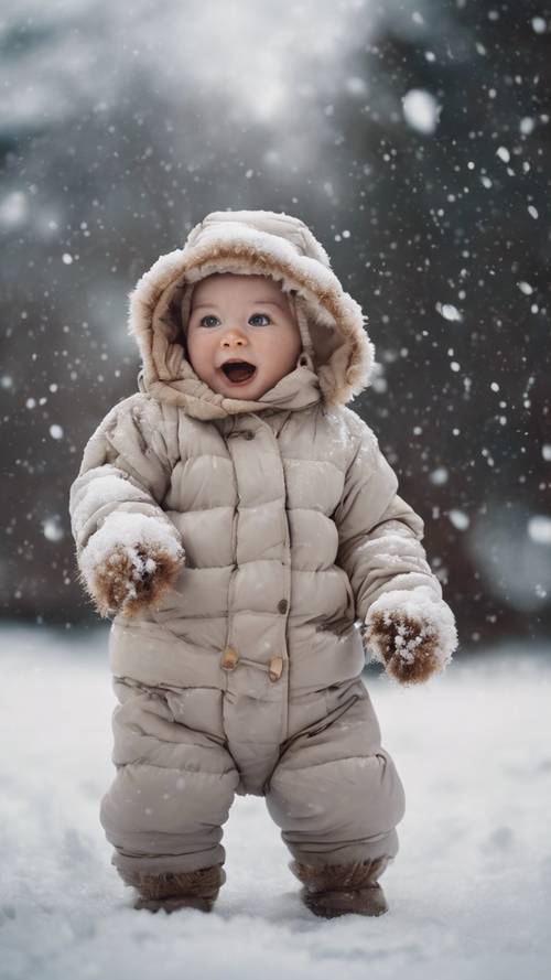 Ein in einen Schneeanzug eingepacktes Baby spielt im ersten Schnee.