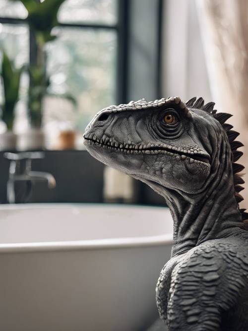 Un dinosaurio gris, sus plumas crujen, justo cuando está a punto de tomar un baño relajante.