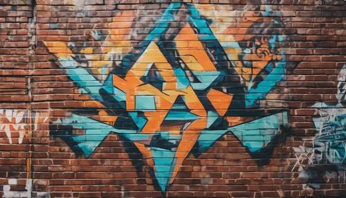 A graffiti mural featuring a vintage geometric design on a brick wall in the city Tapet [a4c80a76c4c349c3acf0]