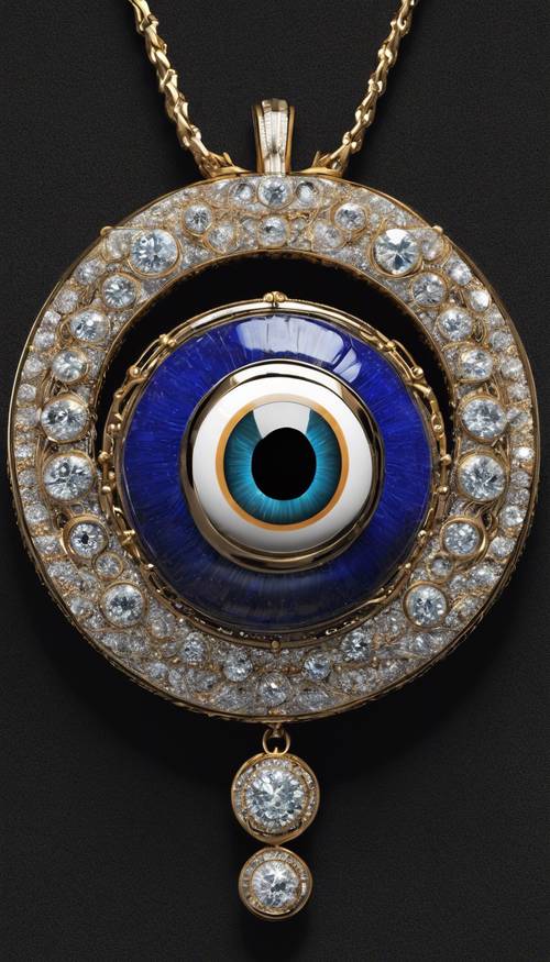 An antique 3D evil eye pendant, encrusted with diamonds, hung against a black velvet background.