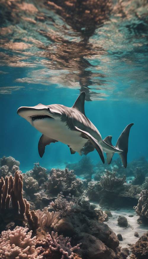 Una impresionante toma submarina de un tiburón martillo deslizándose a través de un arrecife de coral.