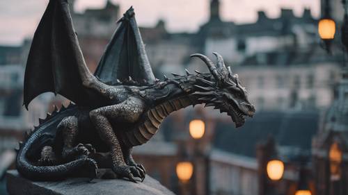 Um dragão vitoriano, empoleirado numa gárgula, observando as ruas de paralelepípedos iluminadas a gás de Londres.