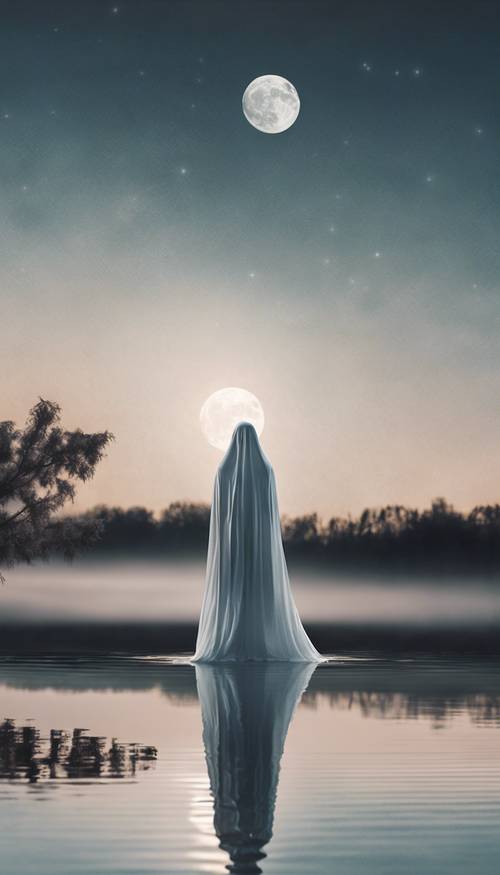A surreal minimalist image of a ghost floating over a tranquil lake under the full moon.