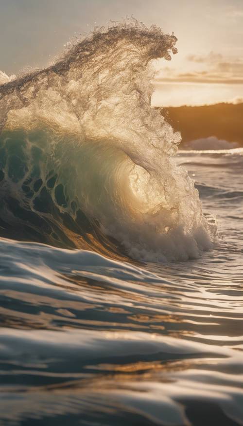 Oszałamiająca, pienista fala oceaniczna wijąca się w trakcie załamania, uchwycona w złotej godzinie, nadająca estetyczny klimat.