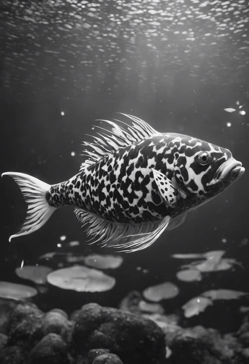 An ancient, mystical black and white fish, believed to bring good luck, spotted in a secluded lagoon.