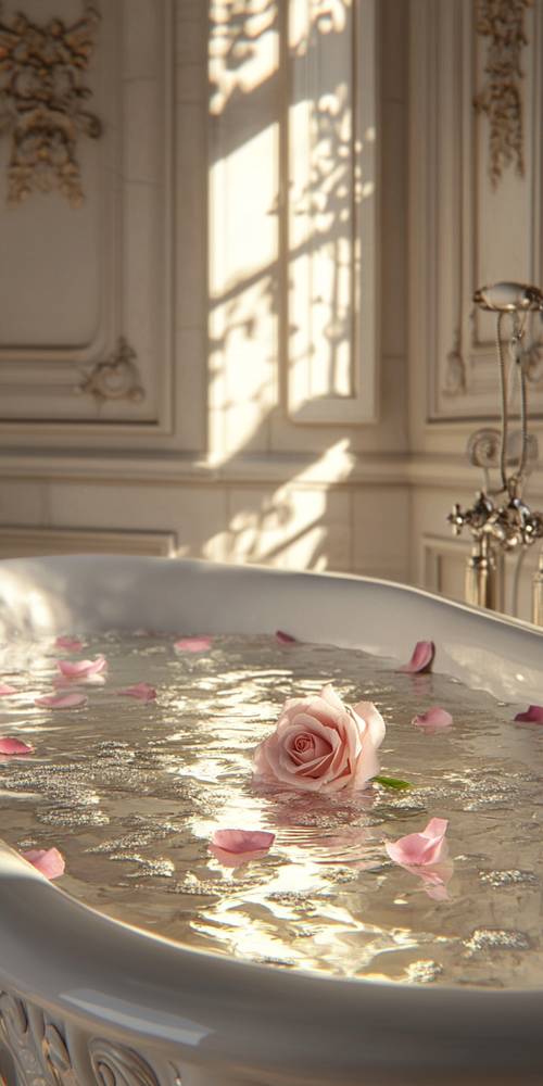 Escena de baño de ensueño con pétalos de rosa