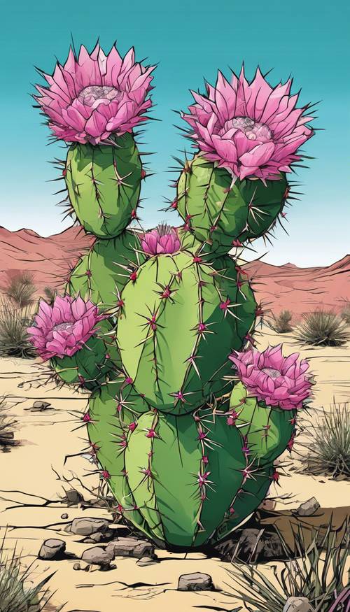 Kreskówka przedstawiająca ciernistego pustynnego kaktusa kwitnącego z różowymi kwiatami.
