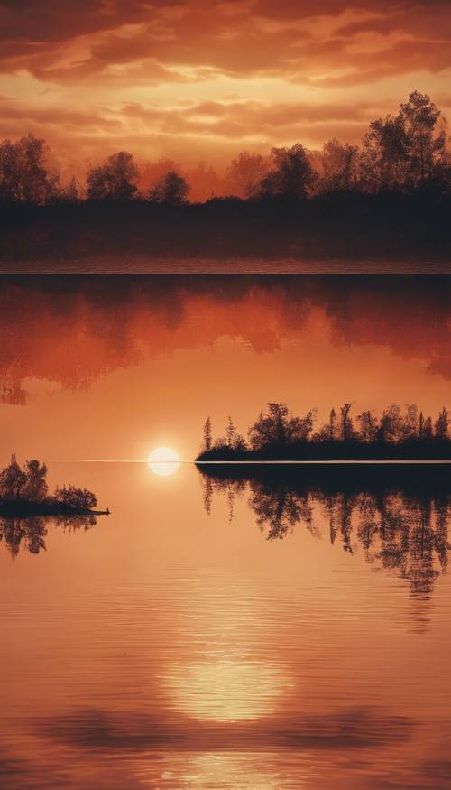 Ein dunkeloranger Sonnenuntergang über einem ruhigen See.