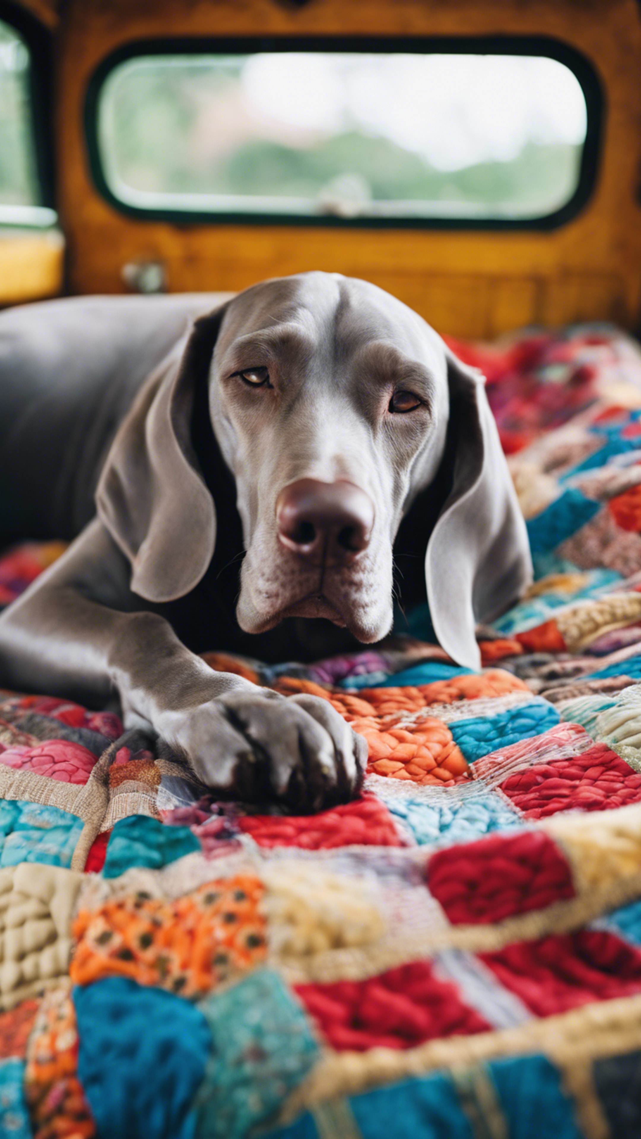 A sleepy Weimaraner lying in the back of a vintage truck bed, covered with a colorful patchwork quilt. Wallpaper[392368d8c78049ac8a4f]
