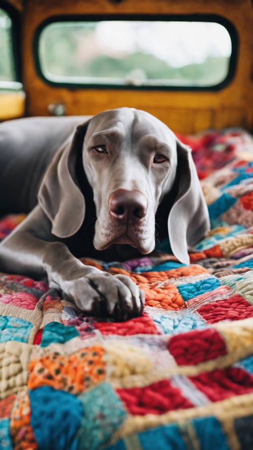 A sleepy Weimaraner lying in the back of a vintage truck bed, covered with a colorful patchwork quilt.